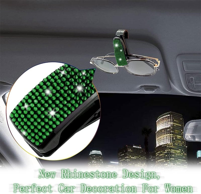 Turcee Set of 2 Bling Rhinestone Car Sun Visor Glasses Holders with Anti-Scratch Sponge,Car Decoration for Women Girls,Ticket Card Clip Visor Organizer (Green) - Image 3